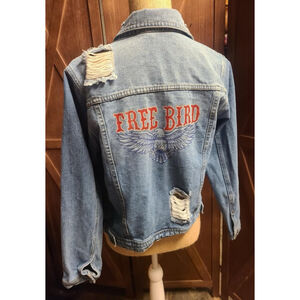 Women's blu[edit] Denim Jacket Size L Blue Distressed Free Bird Hand Painted